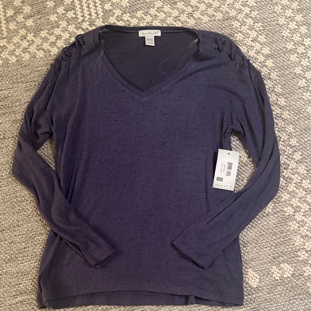 KEREN hart Navy Blue V-Neck Lace-Up Shoulder Sweater